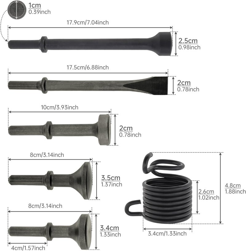 ChgImposs 6Pcs Smoothing Air Hammer Bits Set, 0.4" (10mm) Shank Extended Length Heavy Duty High Carbon Steel Pneumatic Chisel Attachments with Spring - Image 2